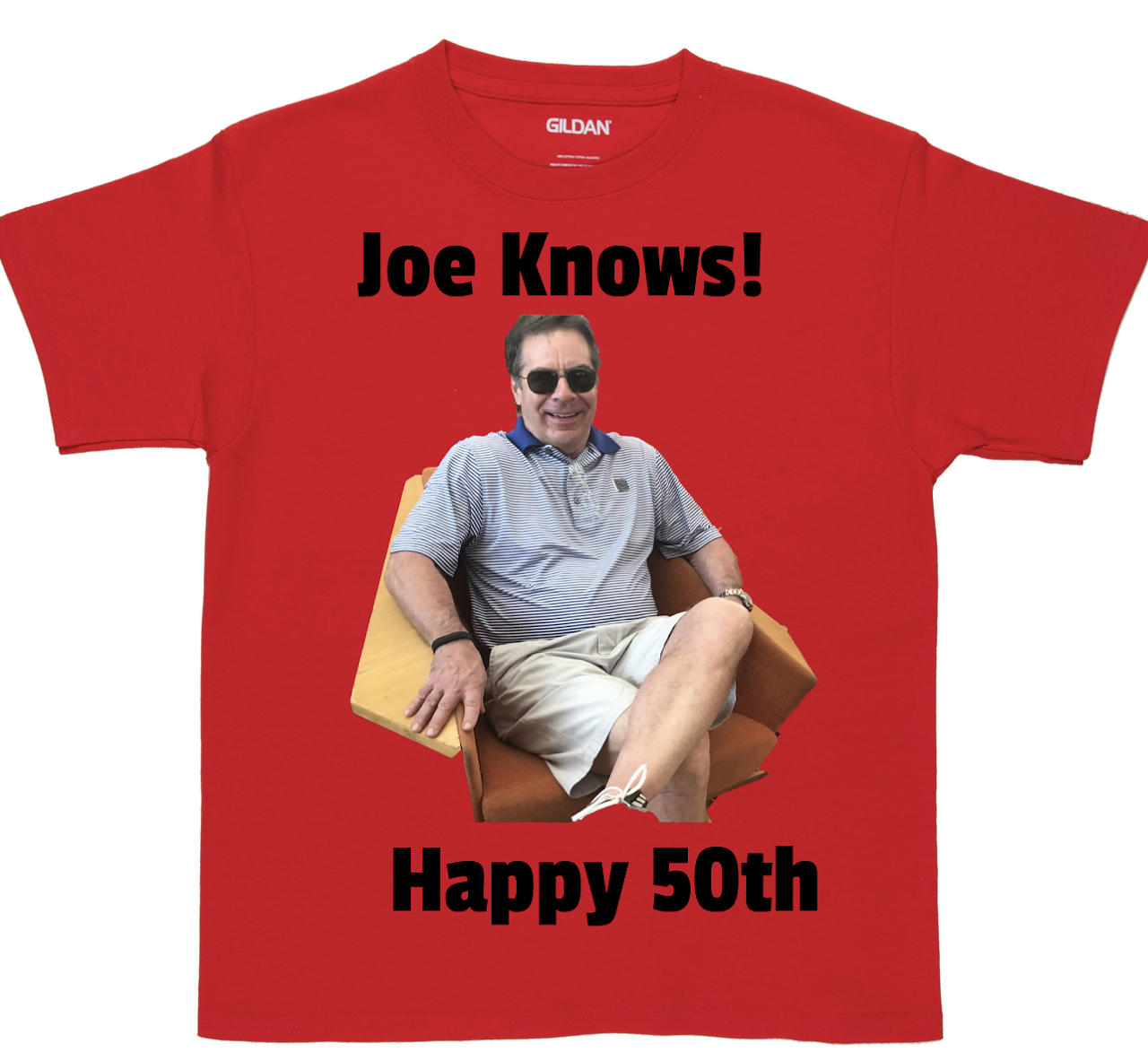 A red t-shirt which talks about his 50th birthday