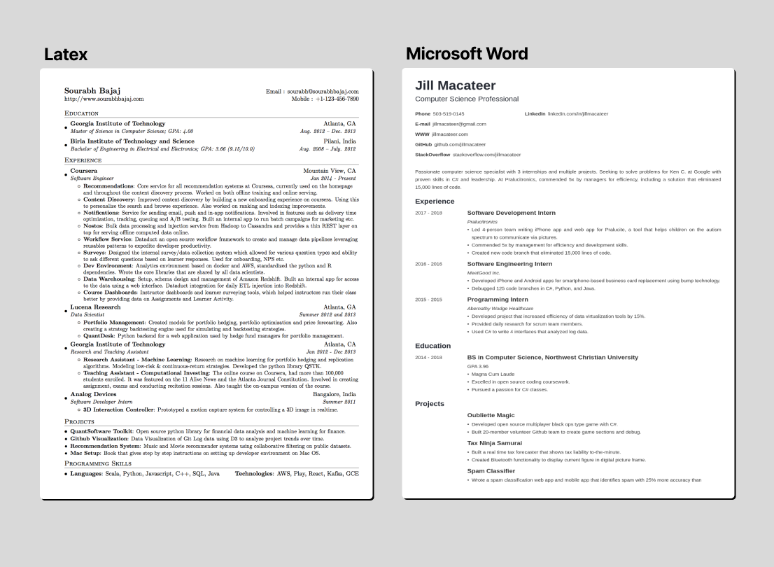 Popular resume formats: LaTeX and Microsoft Word