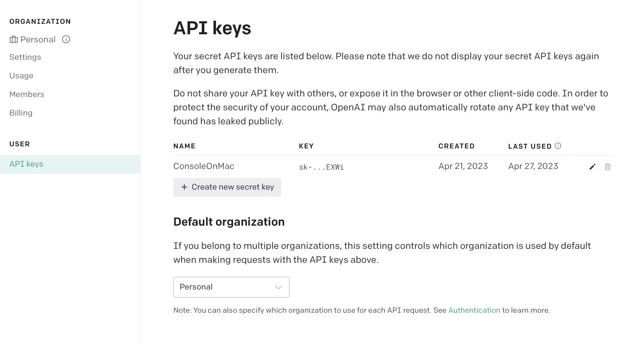 Creating an api key